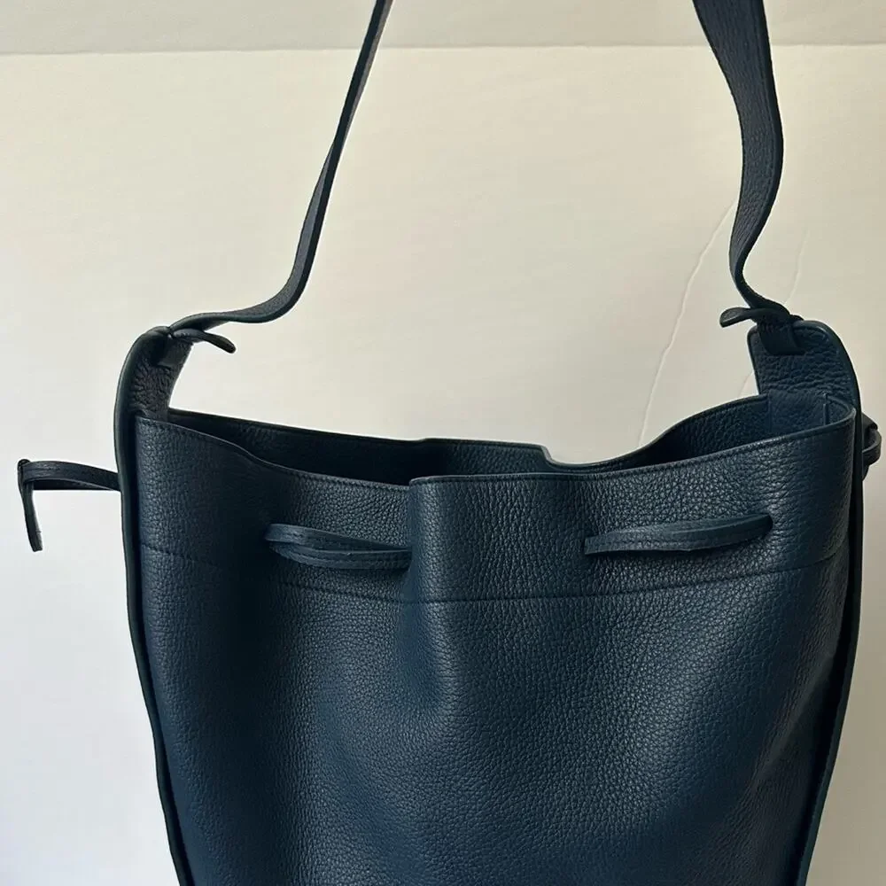 The Row XL Drawstring Hobo Shoulder Bag Marine Blue Pebbled Leather Bucket Bag